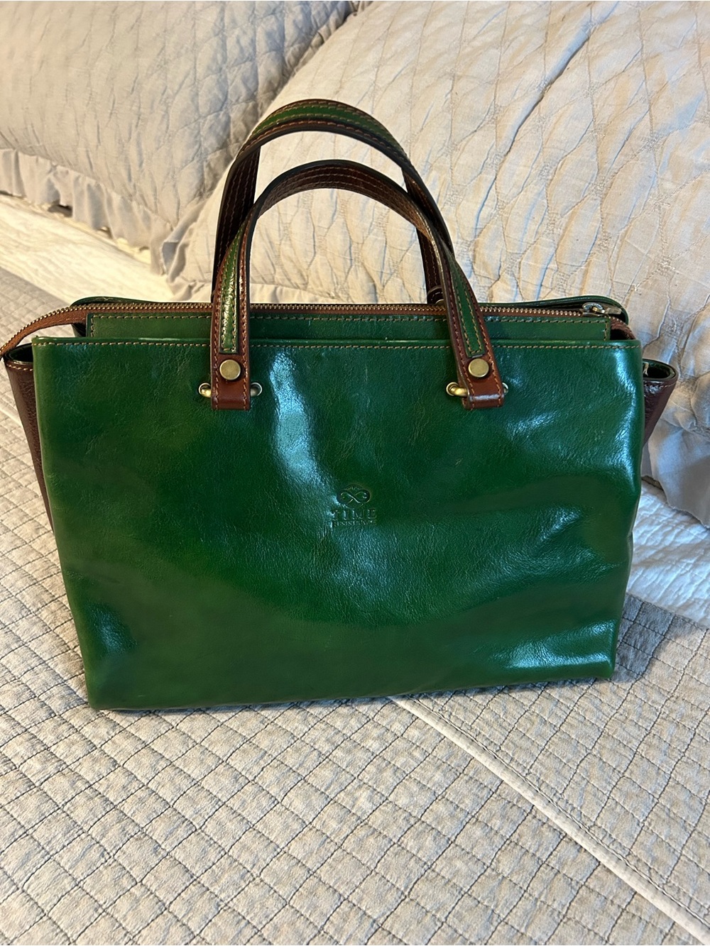 Wolf and Badger Green Leather Tote Bag with Brown Handles